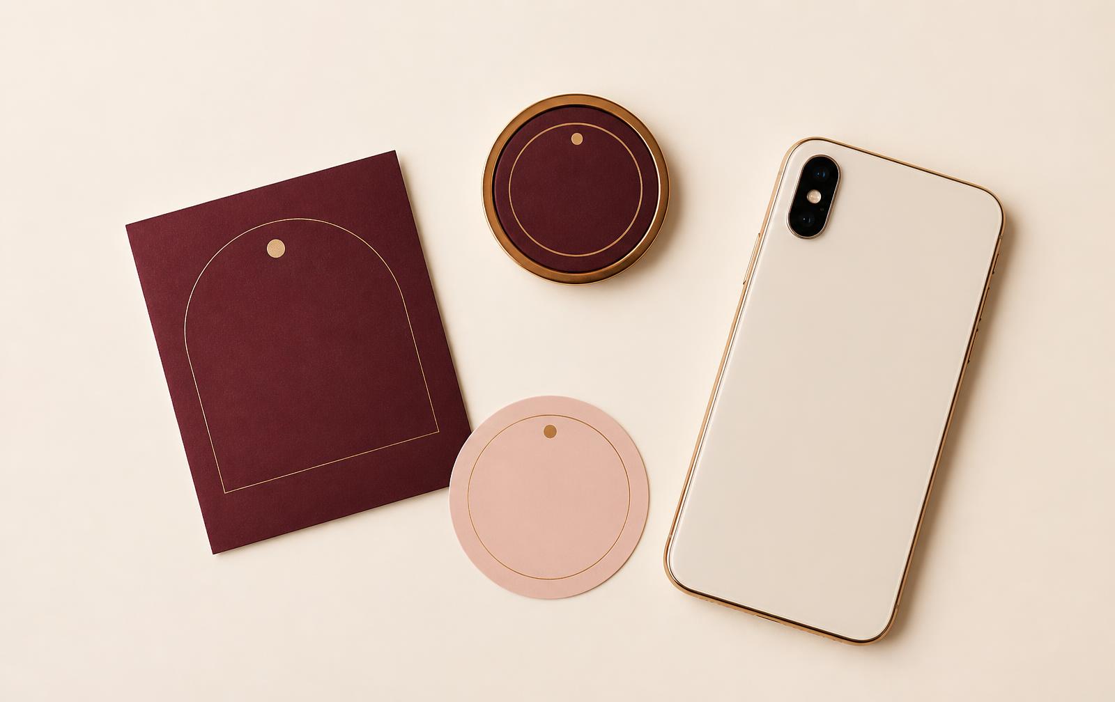 Branded desk card, magnet, sticker and phone arranged on a cream background